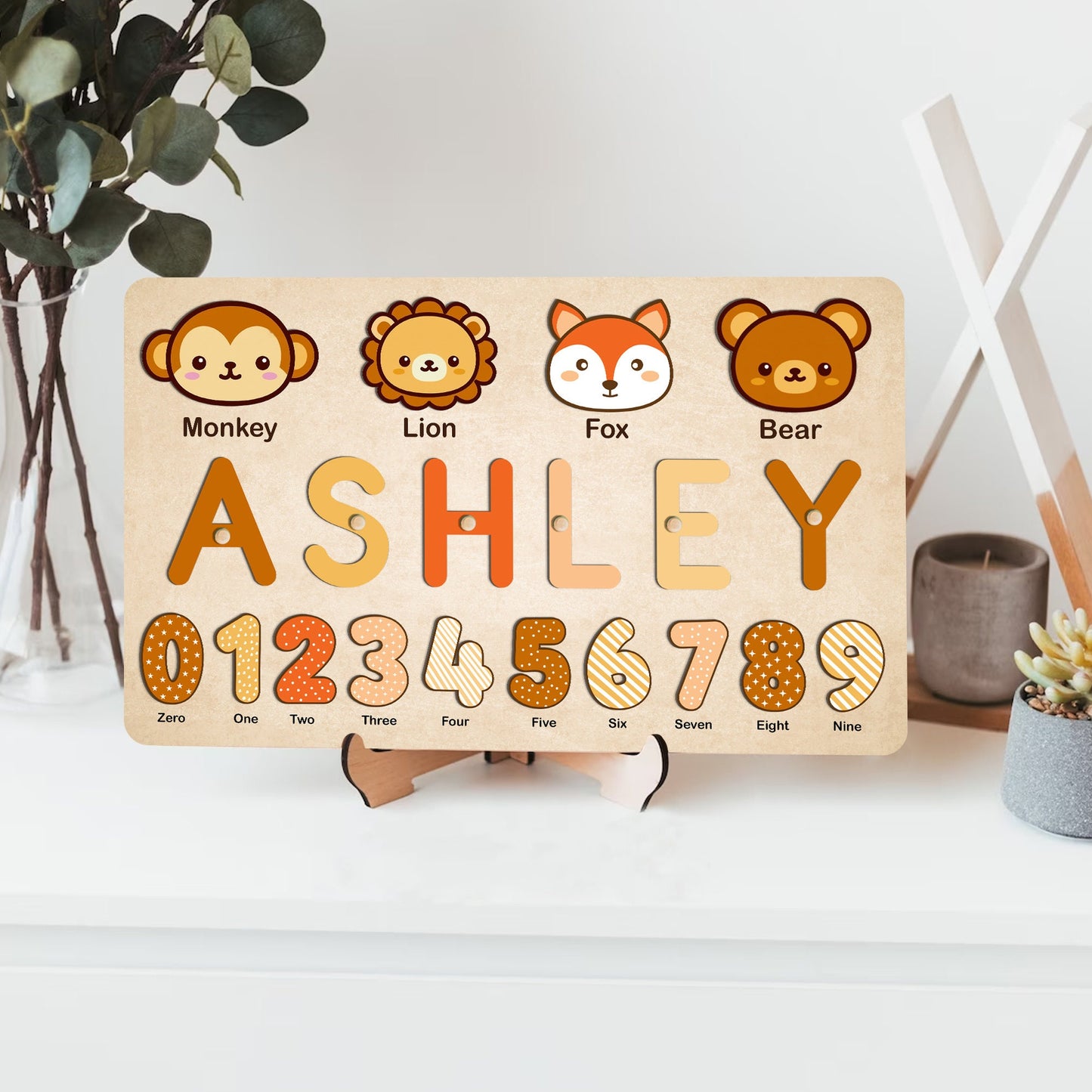 Personalized Name Puzzle with Animal & Numbers, Educational Gift for Learning Number Animal, Wooden Baby Name Puzzle, Unique Baby Gifts