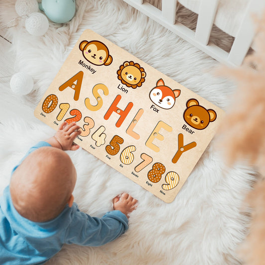 Personalized Name Puzzle with Animal & Numbers, Educational Gift for Learning Number Animal, Wooden Baby Name Puzzle, Unique Baby Gifts