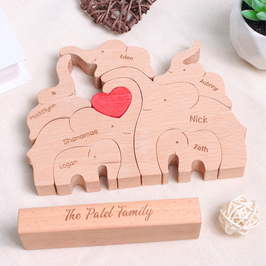 Personalized Elephant Family Wooden Puzzle Custom Up To 10 Animal Figurines Wooden Elephants Carvings 3D Animal Art Mother's Day Gift Kids