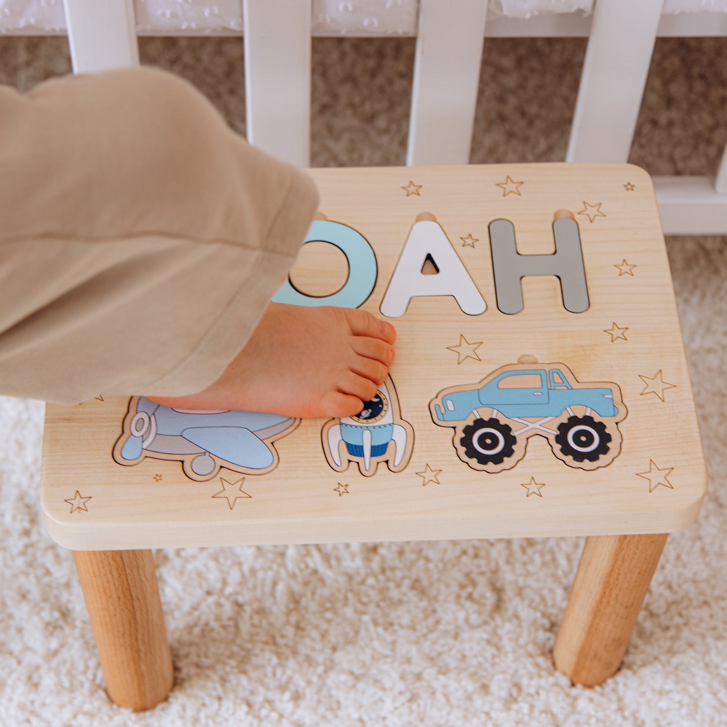 Personalized Name Puzzle Stool. Toddler Step Stool. 1 2 3 Year Old Gift. Baby Boy Birthday Gift. Wooden Toddler Chair. Baptism Boy Gift.