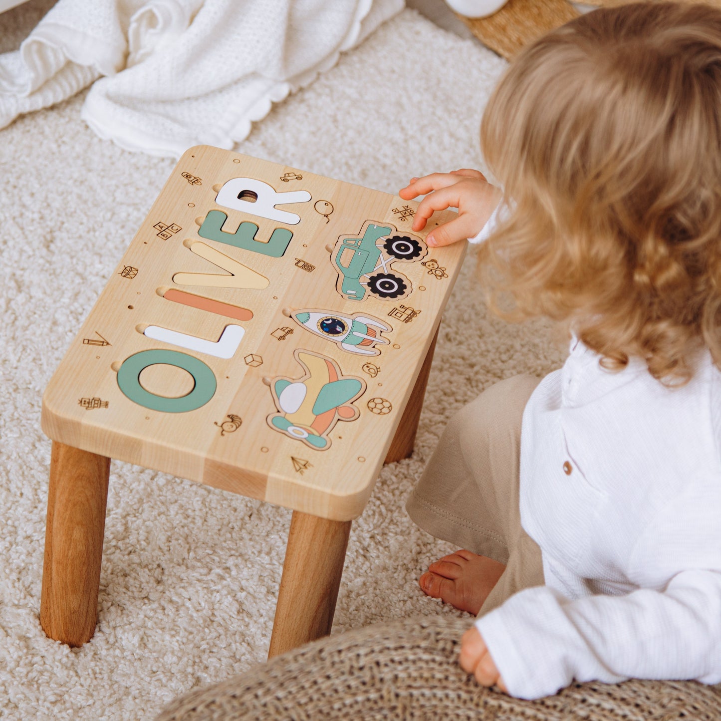 Personalized Name Puzzle Stool. Toddler Step Stool. 1 2 3 Year Old Gift. Baby Boy Birthday Gift. Wooden Toddler Chair. Baptism Boy Gift.