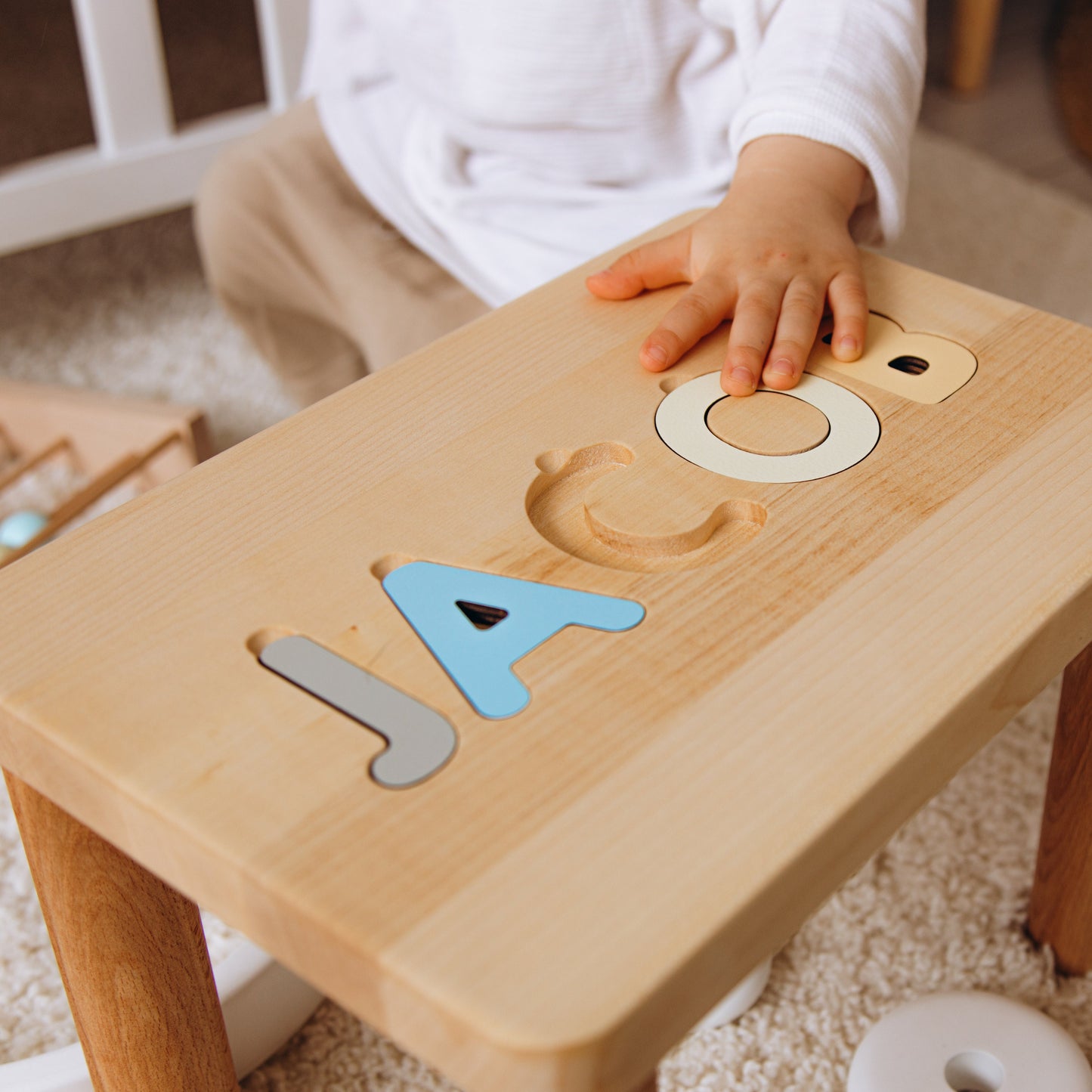 Personalized Name Puzzle Stool. Toddler Step Stool. 1 2 3 Year Old Gift. Baby Boy Birthday Gift. Wooden Toddler Chair. Baptism Boy Gift.