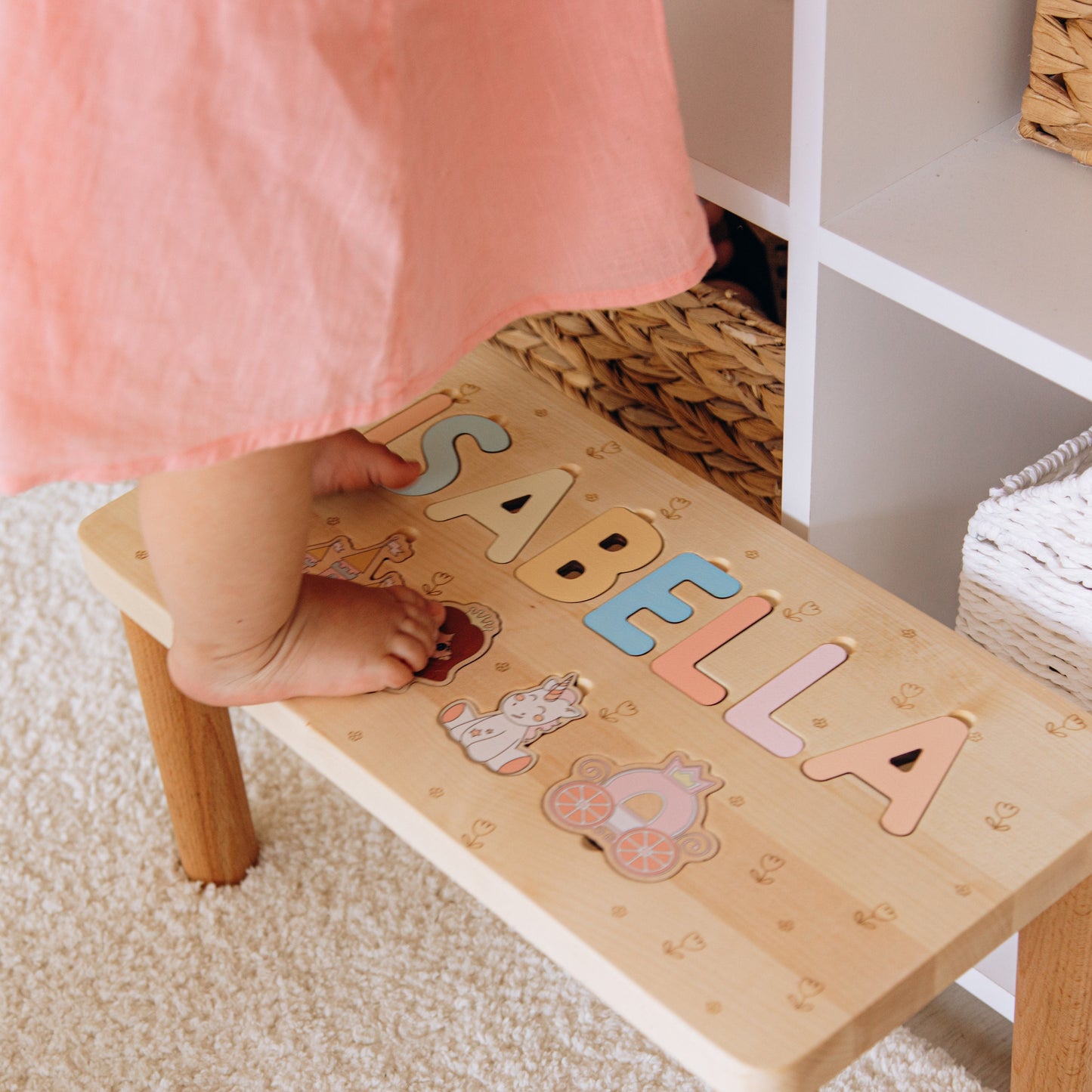 Personalized Name Puzzle Stool. Toddler Step Stool. 1 2 3 Year Old Gift. Baby Boy Birthday Gift. Wooden Toddler Chair. Baptism Boy Gift.