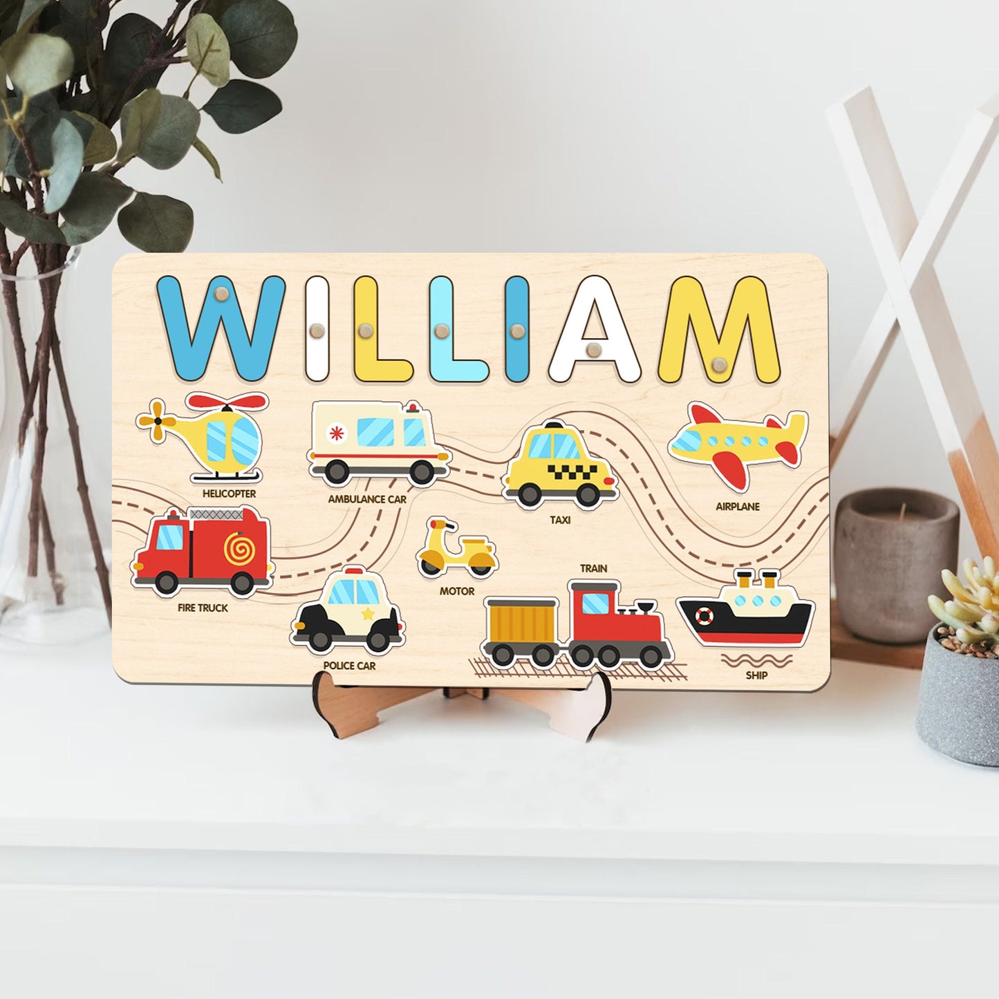 Personalized Baby Boy Name Puzzle, Transportation Kids Puzzle, Wooden Montessori Toys for Boy, Toddler Busy Board, Birthday Gifts for Son