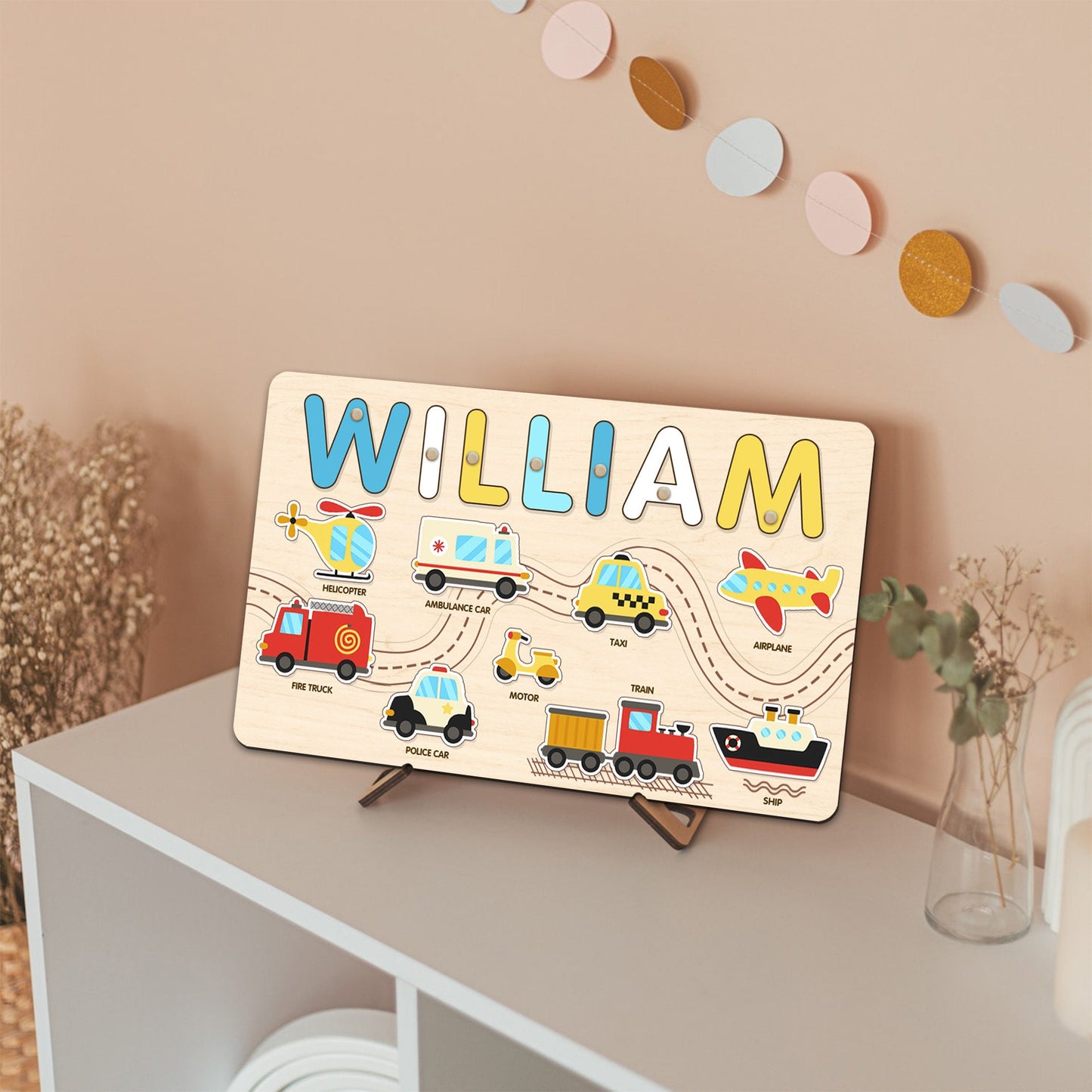 Personalized Baby Boy Name Puzzle, Transportation Kids Puzzle, Wooden Montessori Toys for Boy, Toddler Busy Board, Birthday Gifts for Son