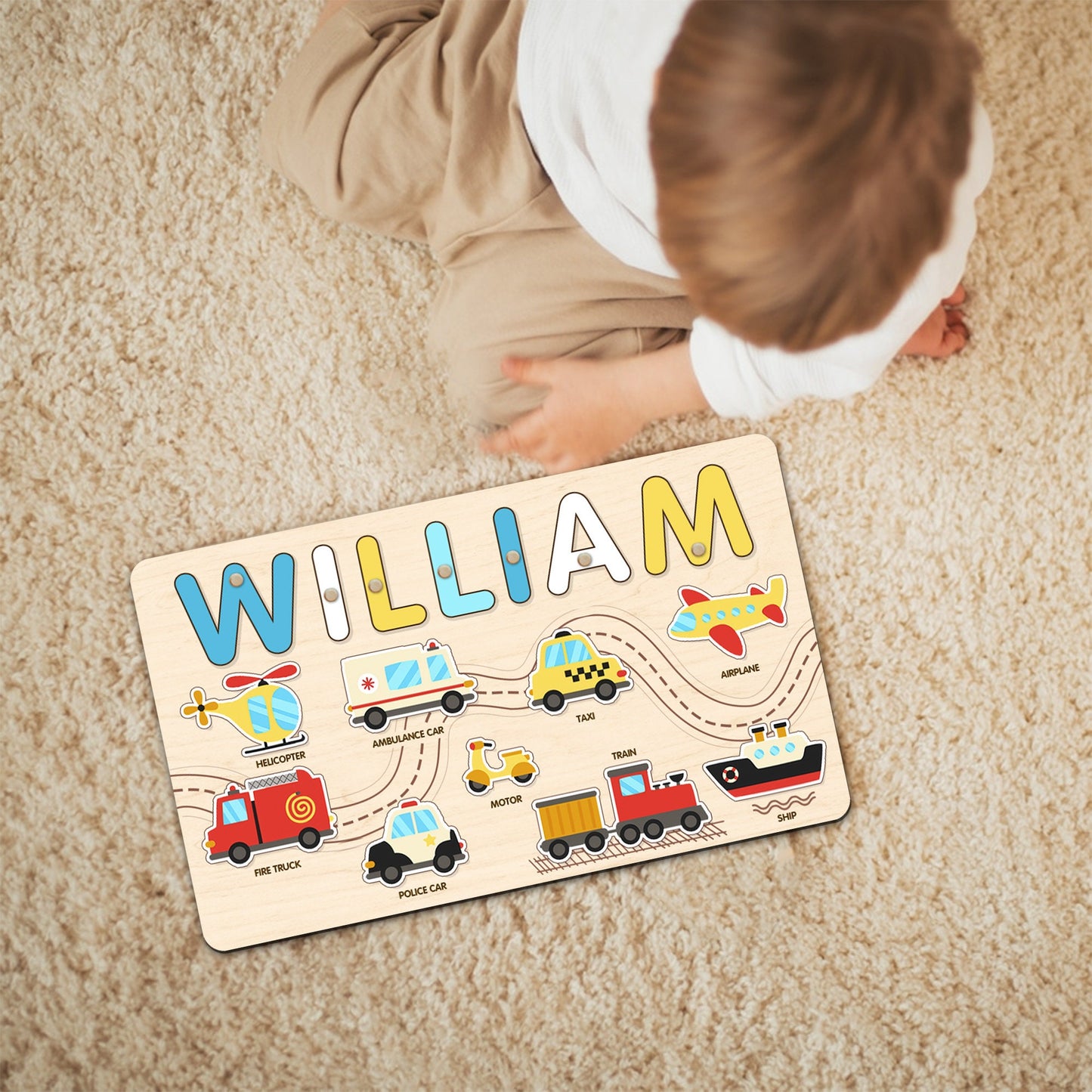 Personalized Baby Boy Name Puzzle, Transportation Kids Puzzle, Wooden Montessori Toys for Boy, Toddler Busy Board, Birthday Gifts for Son