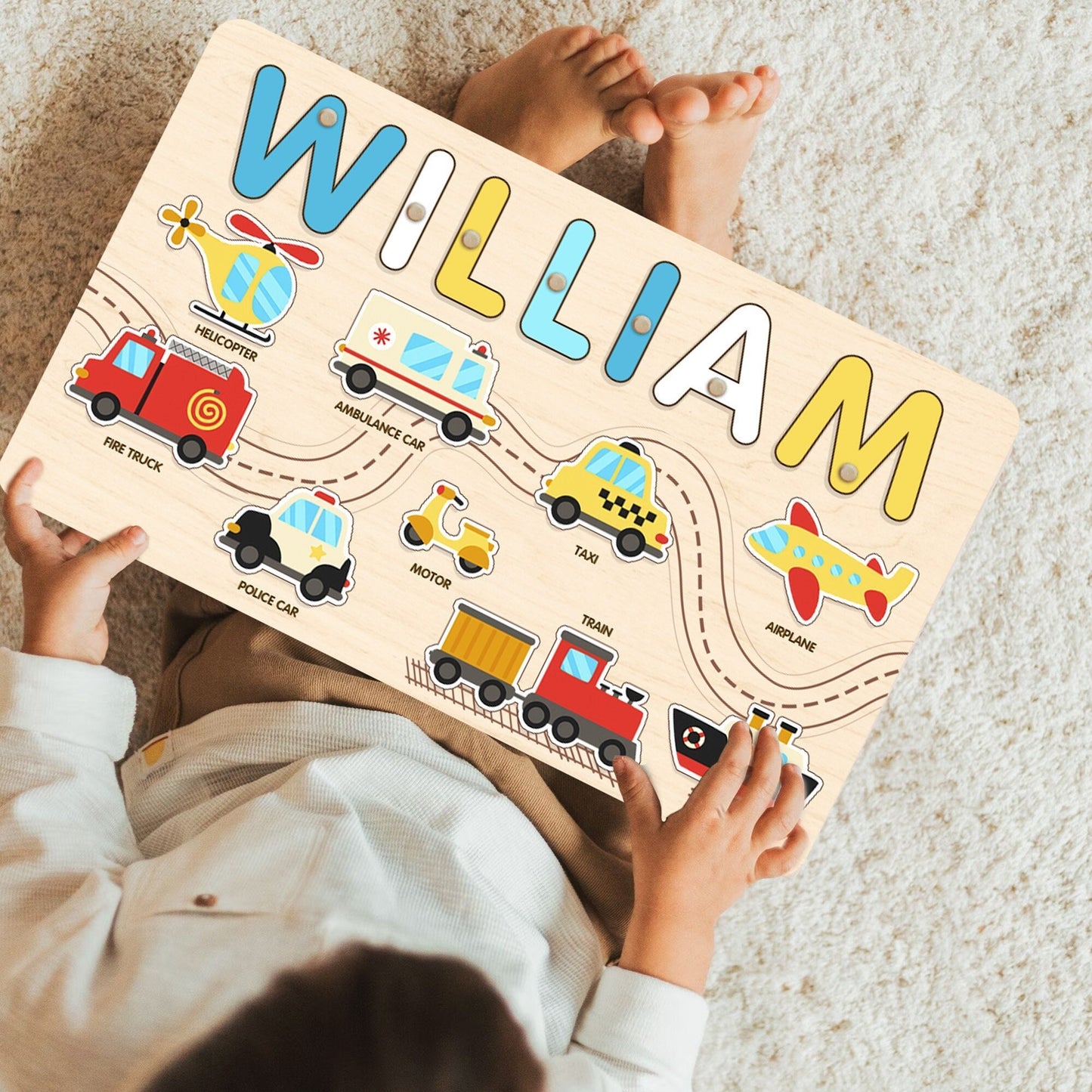 Personalized Baby Boy Name Puzzle, Transportation Kids Puzzle, Wooden Montessori Toys for Boy, Toddler Busy Board, Birthday Gifts for Son