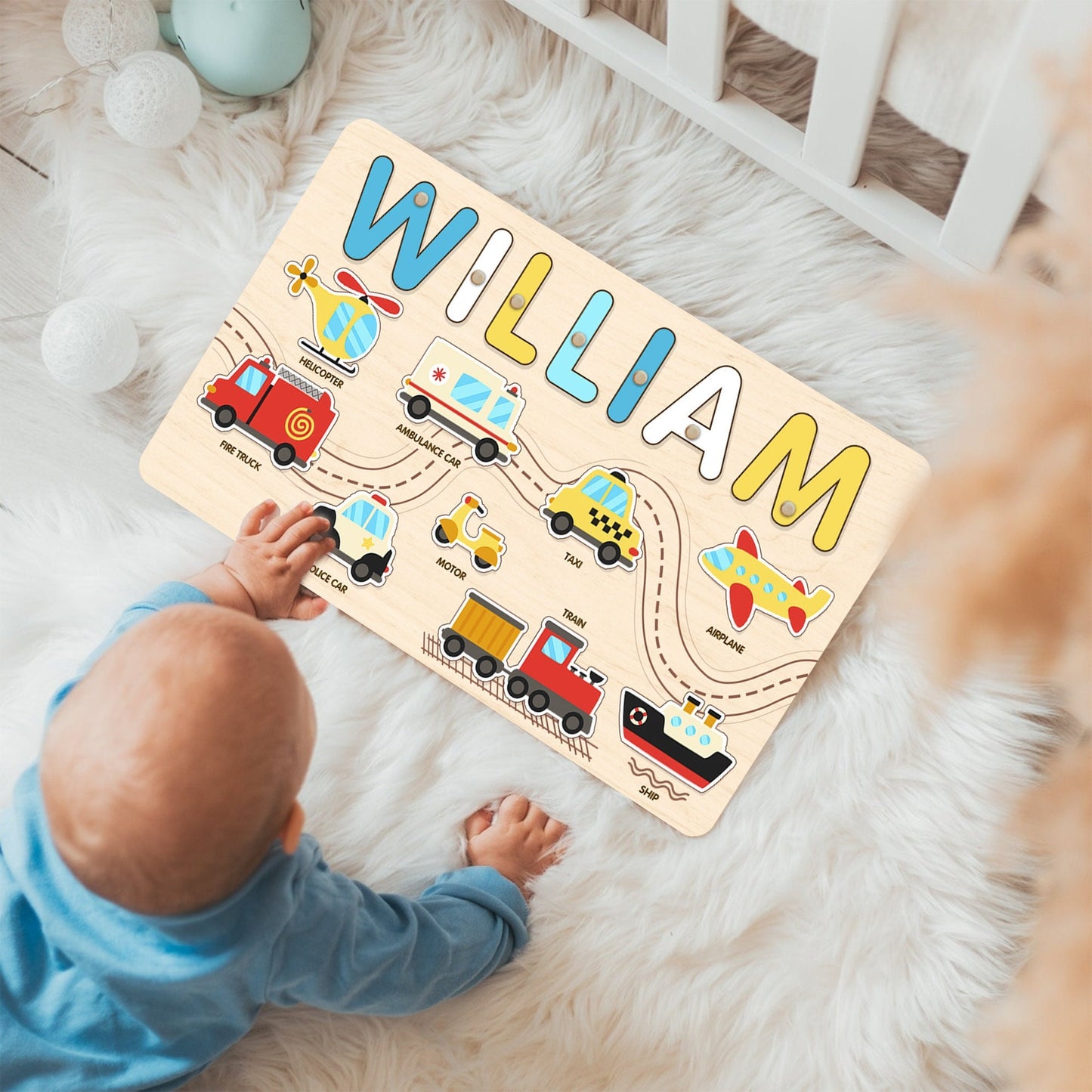 Personalized Baby Boy Name Puzzle, Transportation Kids Puzzle, Wooden Montessori Toys for Boy, Toddler Busy Board, Birthday Gifts for Son