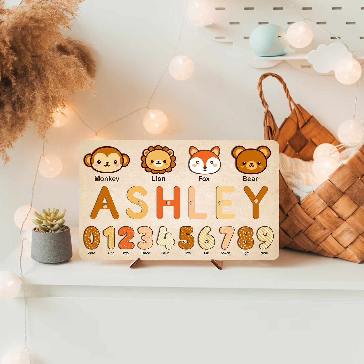 Personalized Name Puzzle with Animal & Numbers, Educational Gift for Learning Number Animal, Wooden Baby Name Puzzle, Unique Baby Gifts