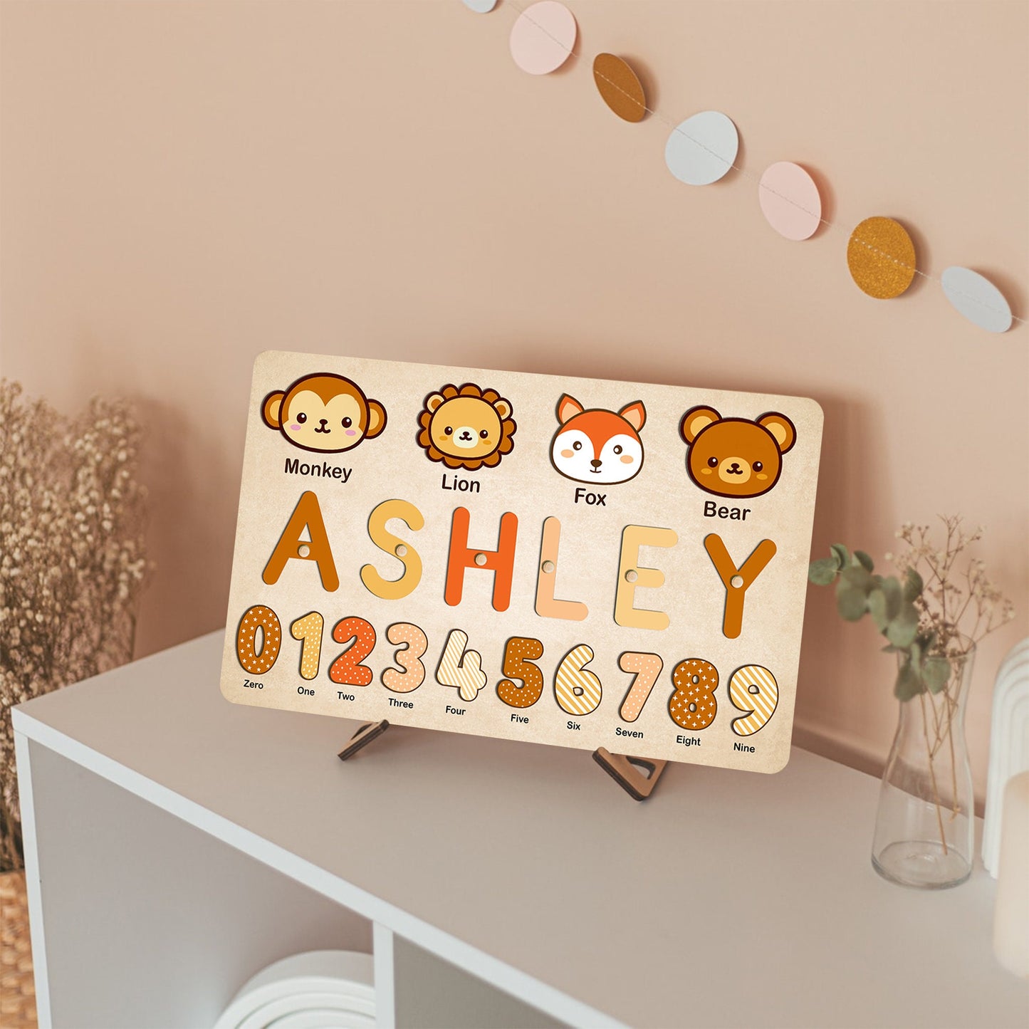 Personalized Name Puzzle with Animal & Numbers, Educational Gift for Learning Number Animal, Wooden Baby Name Puzzle, Unique Baby Gifts